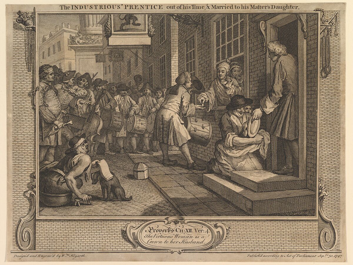 The Industrious 'Prentice Out of his Time and Married to his Master's Daughter: Industry and Idleness, plate 6, William Hogarth (British, London 1697–1764 London), Etching and engraving; first state of four 