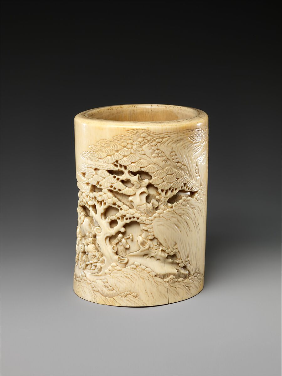 Brush holder with narrative scene, Ivory, China
