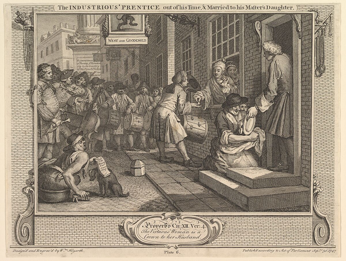 The Industrious 'Prentice Out of his Time and Married to his Master's Daughter: Industry and Idleness, plate 6, William Hogarth (British, London 1697–1764 London), Etching and engraving; third state of four 