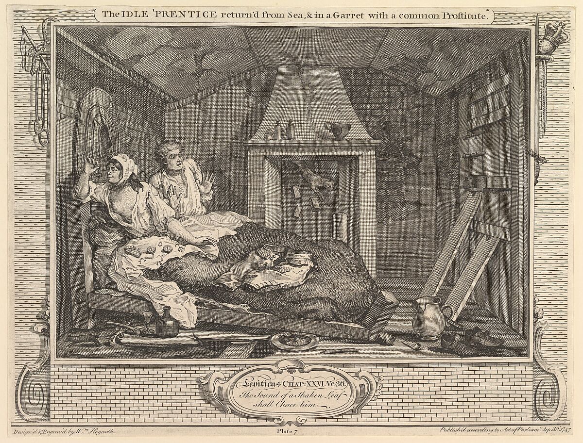 The Idle 'Prentice Returned from Sea and in a Garret with a Common Prostitute: Industry and Idleness, plate 7, William Hogarth (British, London 1697–1764 London), Etching and engraving; only state 