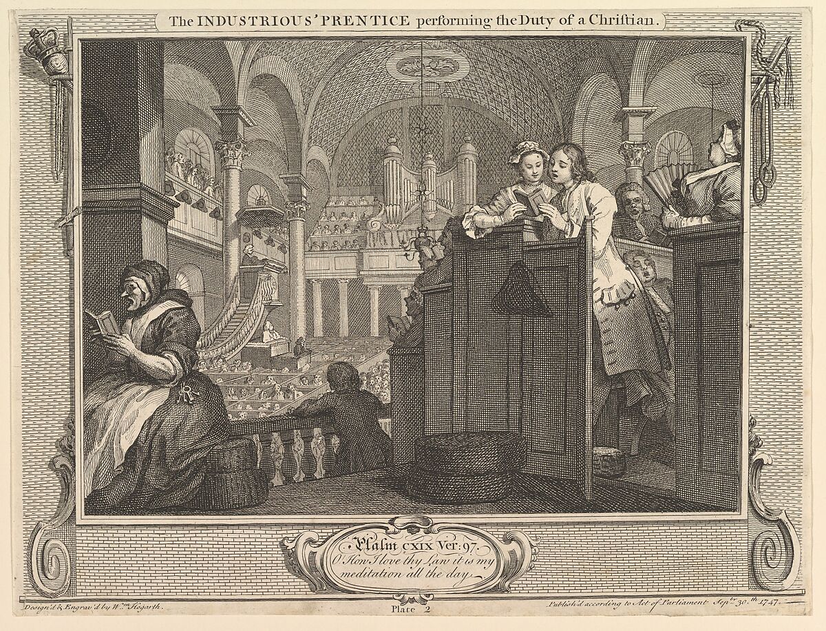 The Industrious 'Prentice Performing the Duty of a Christian: IIndustry and Idleness, plate 2, William Hogarth (British, London 1697–1764 London), Etching and engraving; first state of two 