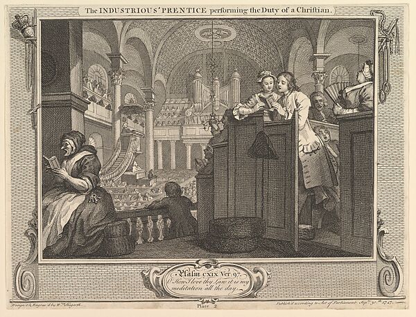 The Industrious 'Prentice Performing the Duty of a Christian: IIndustry and Idleness, plate 2