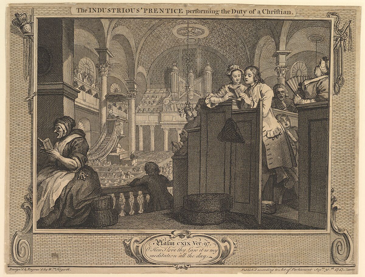 The Industrious 'Prentice Performing the Duty of a Christian: Industry and Idleness, plate 2, William Hogarth (British, London 1697–1764 London), Etching and engraving; first state of two 