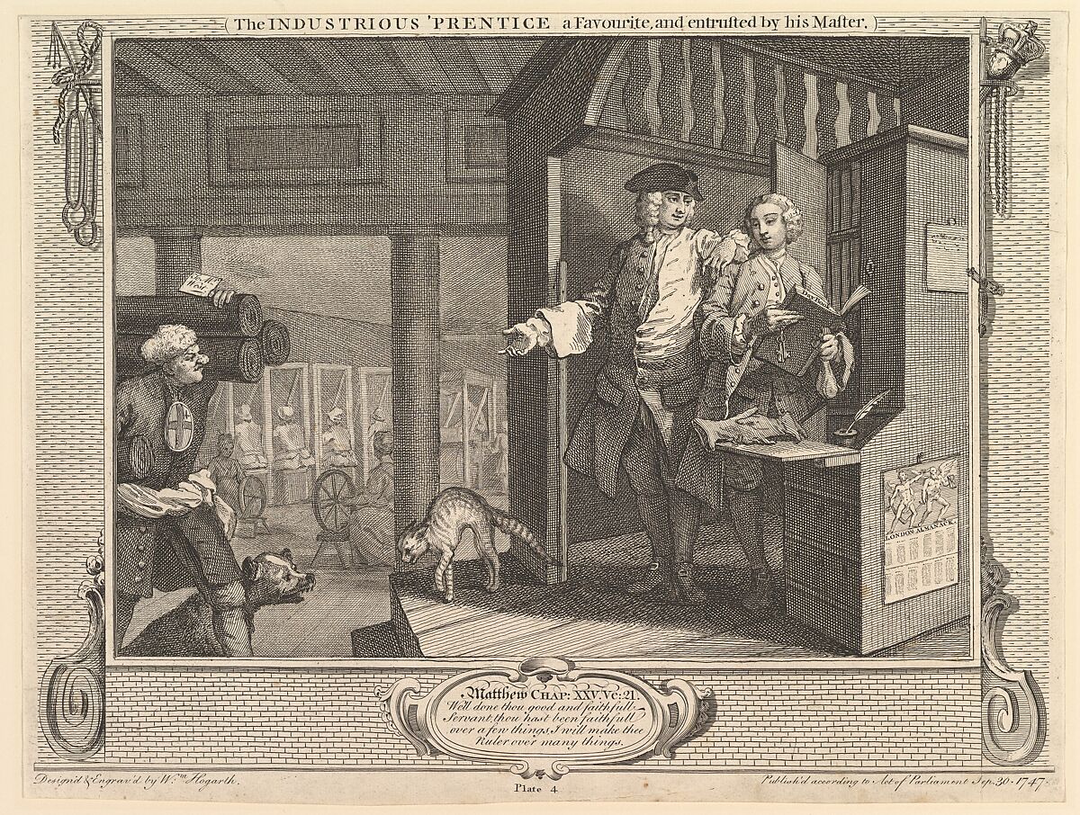 The Industrious 'Prentice a Favorite, and Entrusted by his Master: Industry and Idleness, plate 4, William Hogarth (British, London 1697–1764 London), Etching and engraving; first state of two 