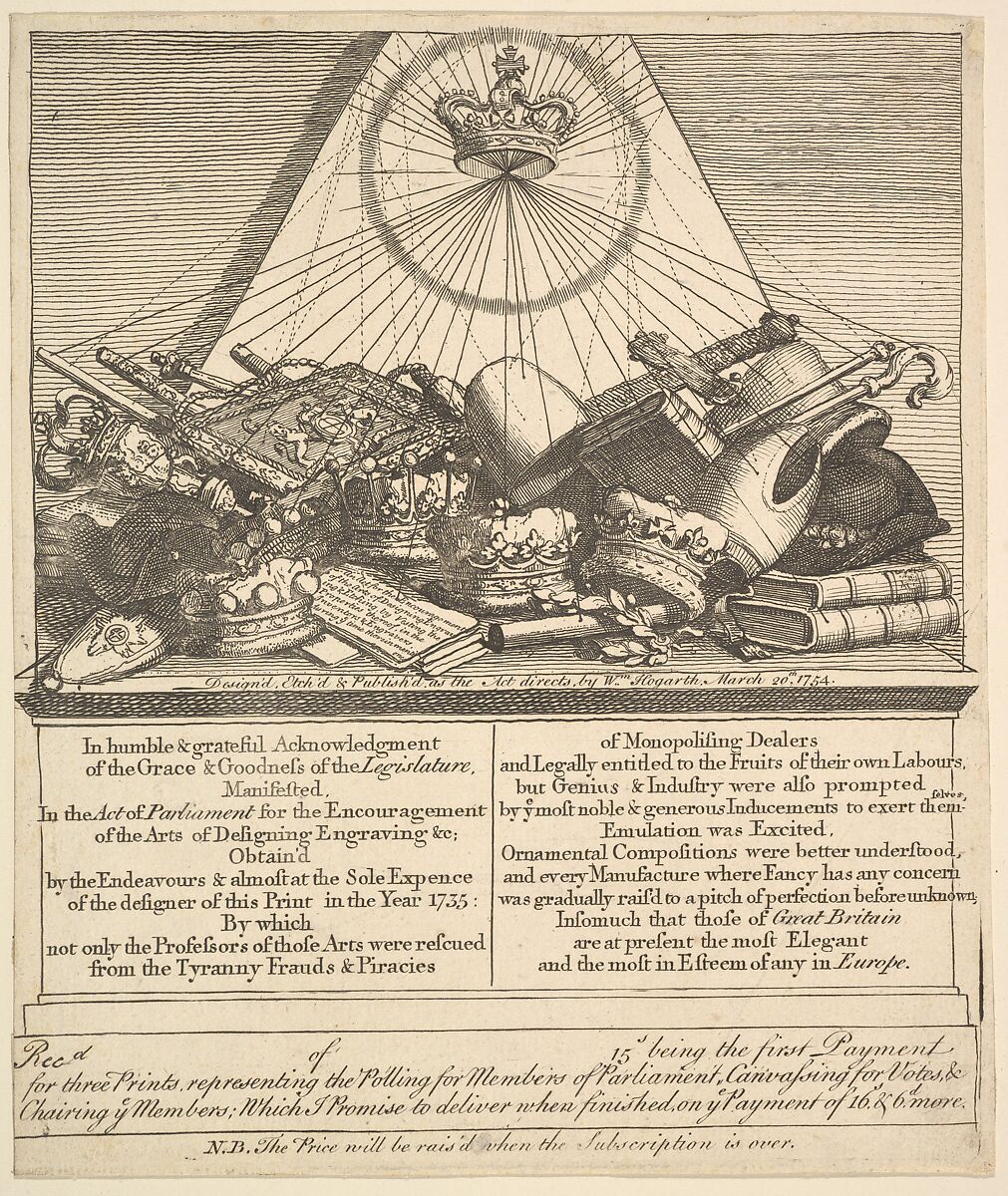 Crowns, Mitres, Maces, etc., William Hogarth (British, London 1697–1764 London), Etching; fourth state of four 