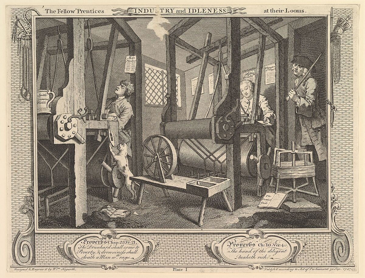 The Fellow 'Prentices at their Looms: Industry and Idleness, plate 1, William Hogarth (British, London 1697–1764 London), Etching and engraving; second state of two 