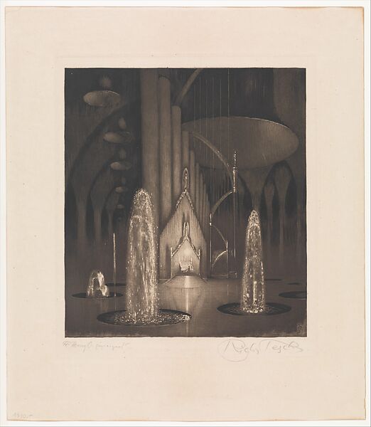 Stageset: Organist with Fountains, Richard Teschner (Austrian, Karlsbad 1879–1948 Vienna), Etching and aquatint 