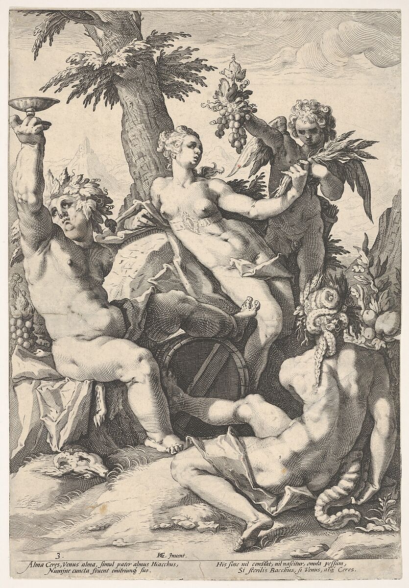 The Alliance of Venus with Bacchus and Ceres, Jacob Matham (Netherlandish, Haarlem 1571–1631 Haarlem), Engraving 