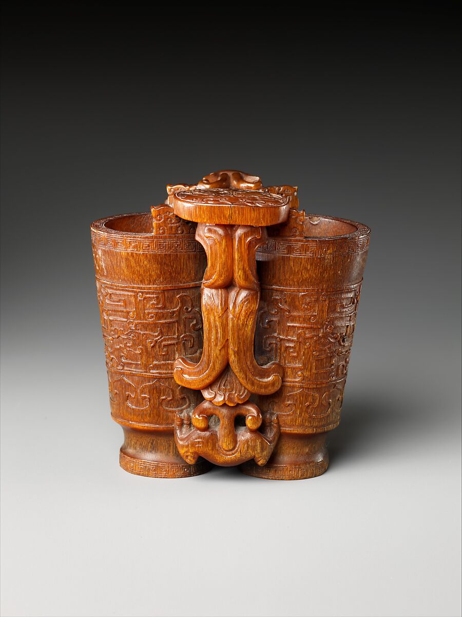 Double cup with mythical beasts, Rhinoceros horn, China