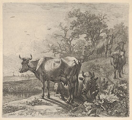 Cowherd driving three horned cattle before him; below, in the foreground, a recumbent steer and a standing steer, marsh and trees beyond