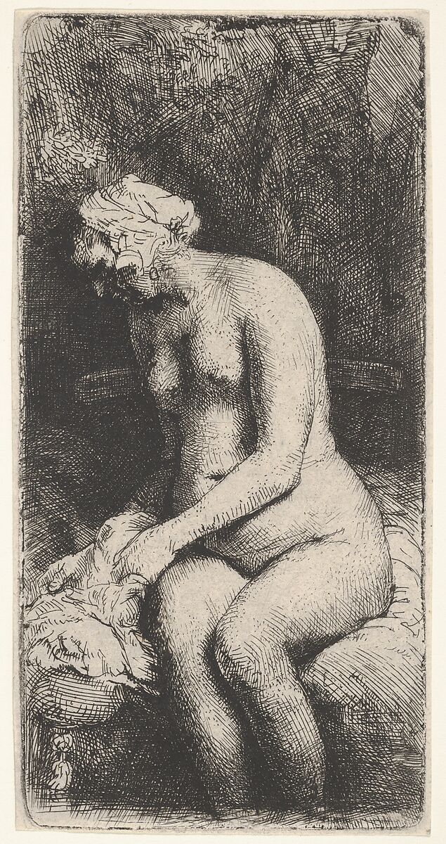 Woman Bathing her Feet at a Brook, Rembrandt (Rembrandt van Rijn) (Dutch, Leiden 1606–1669 Amsterdam), Etching and drypoint; first of two states 