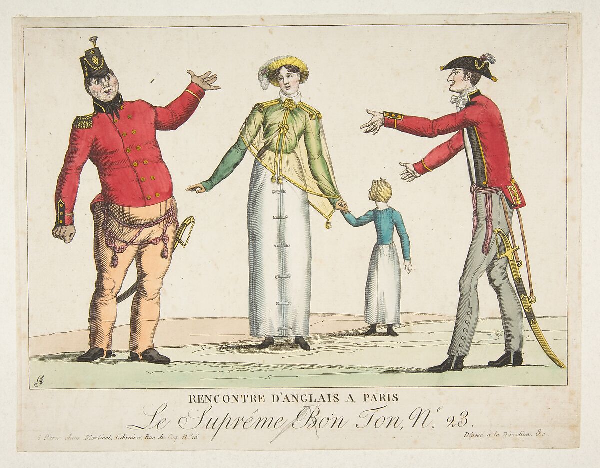 Recontre d'Anglais a Paris; Le Suprême Bon-Ton No. 23, Adrien Pierre Godefroy, Le Jeune (French, 1777–1865), Etching, hand-colored 