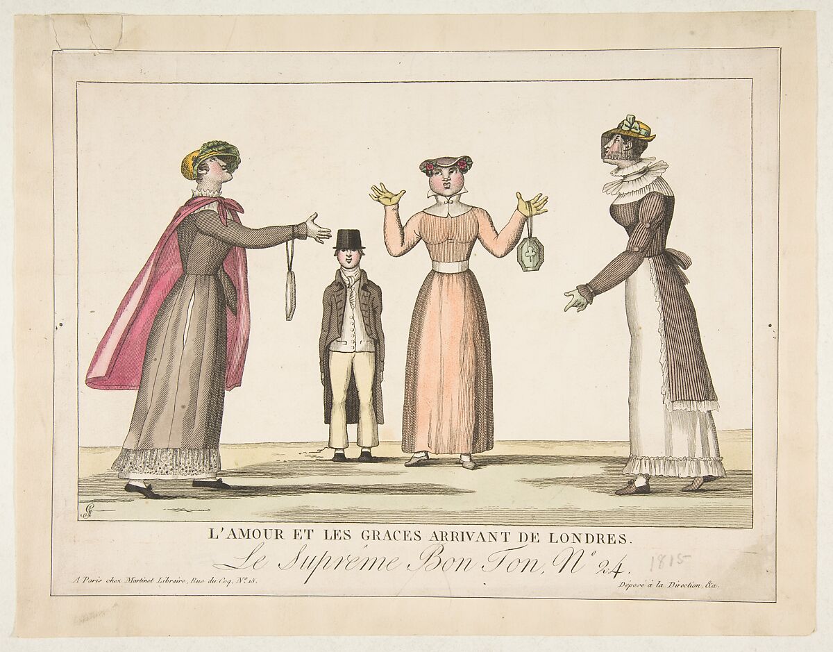 L'Amour et les Graces Arrivant de Londres; Le Suprême Bon-Ton No. 24, Adrien Pierre Godefroy, Le Jeune (French, 1777–1865), Etching, hand-colored 