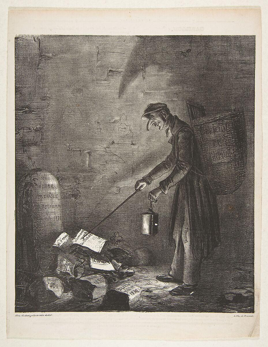 Masked Man using a Lantern to Collect Discarded Pamphlets by a Tombstone, from "Le Charivari", Benard (French, active ca. 1830), Lithograph 
