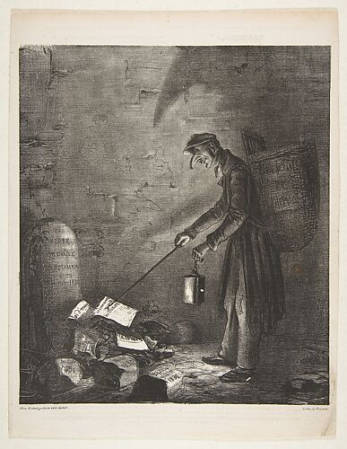 Masked Man using a Lantern to Collect Discarded Pamphlets by a Tombstone, from 