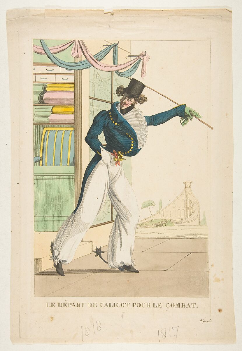 Le Départ de Calicot Pour le Combat, Anonymous, French, 19th century, Hand-colored etching 