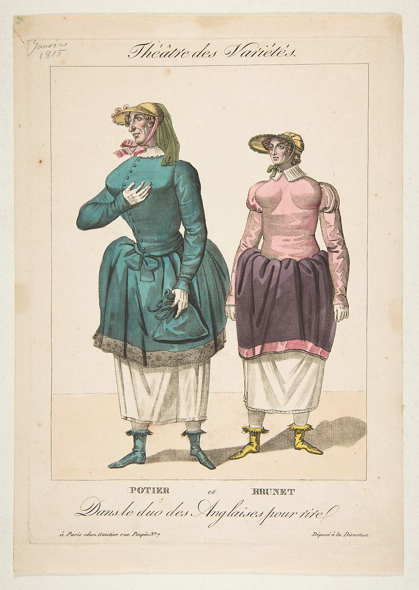 Potier et Brunet, Dans le duo des Anglaises pour Rire, from "Théâtre des Variétés", Gautier (Paris), Etching, hand-colored 