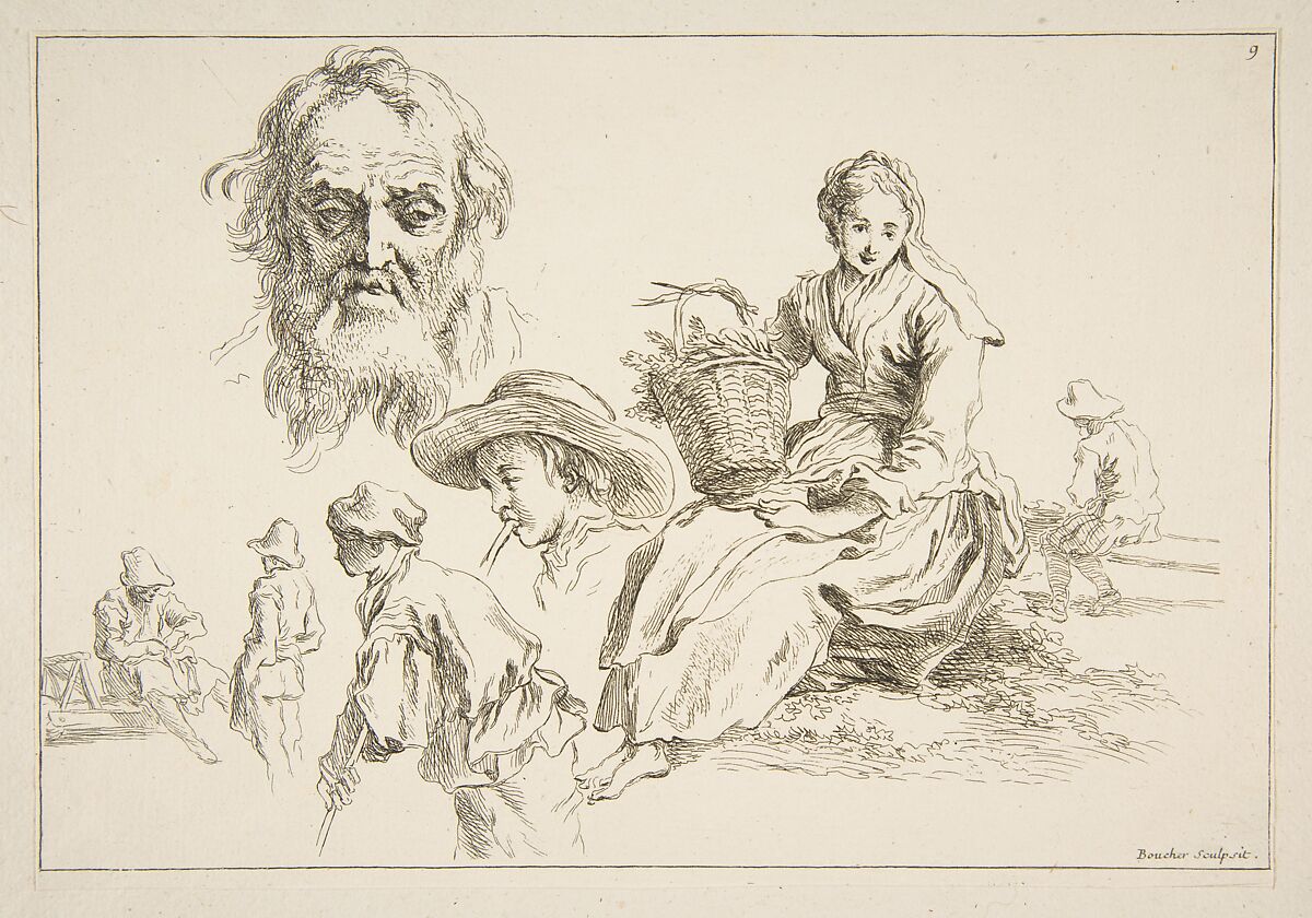 Sheet of Sketches, François Boucher (French, Paris 1703–1770 Paris), Etching 