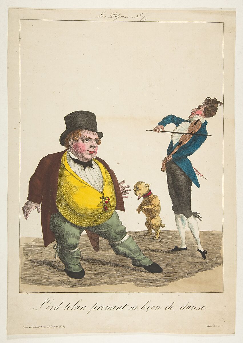 Lord-tolan prenant sa leçon de dance, La Passions, No. 7, Basset (Paris), Hand-colored etching 