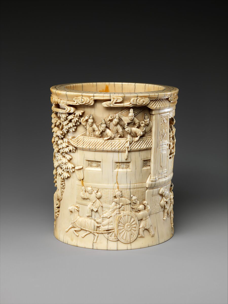 Brush holder with the story of Pan An, Ivory, China 