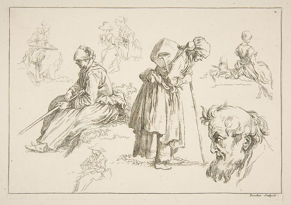 Sheet of Sketches, François Boucher (French, Paris 1703–1770 Paris), Etching 