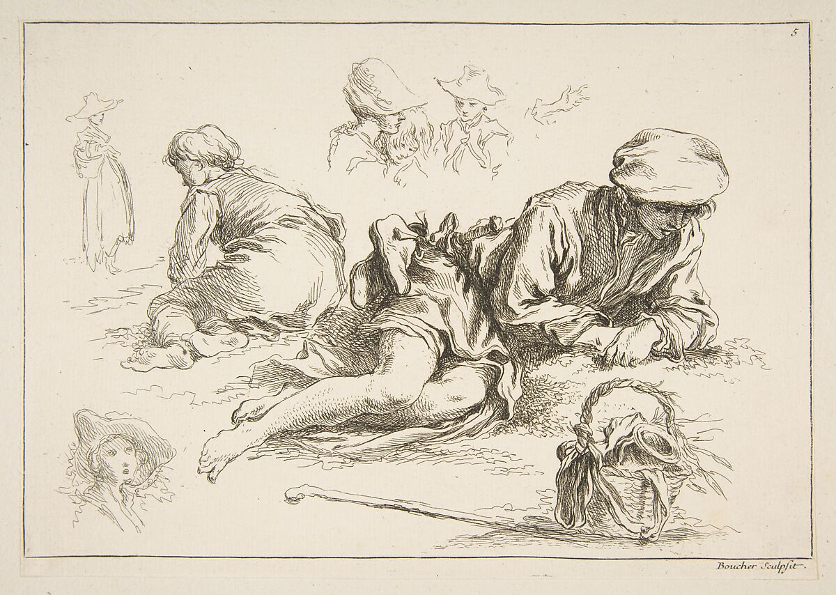 Sheet of Sketches, François Boucher (French, Paris 1703–1770 Paris), Etching 