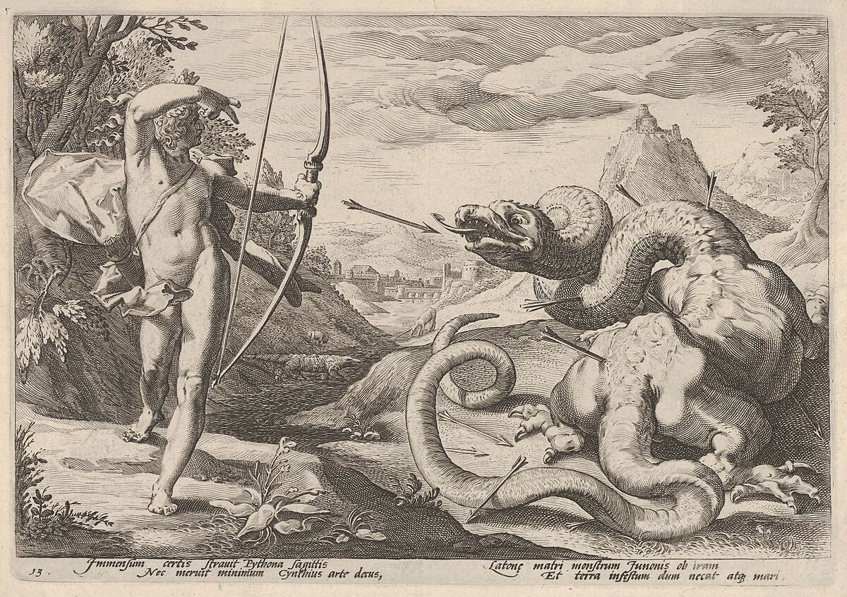 Apollo Killing the Python, Possibly by Robert Willemsz de Baudous (Netherlandish, 1574/5–1659), Engraving 