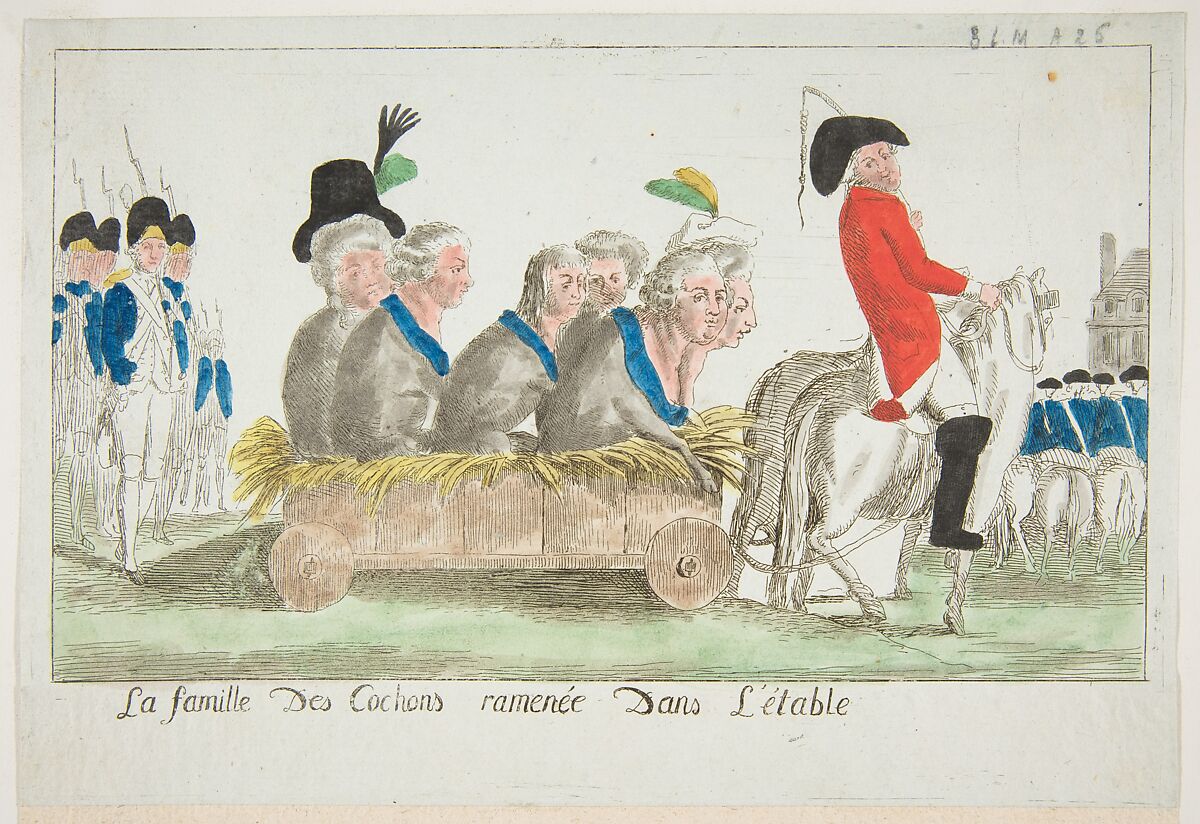 La famille des Cochons ramenée dans l'étable (The family of pigs pulled to the stable), Anonymous, French, 18th century, Hand-colored etching 