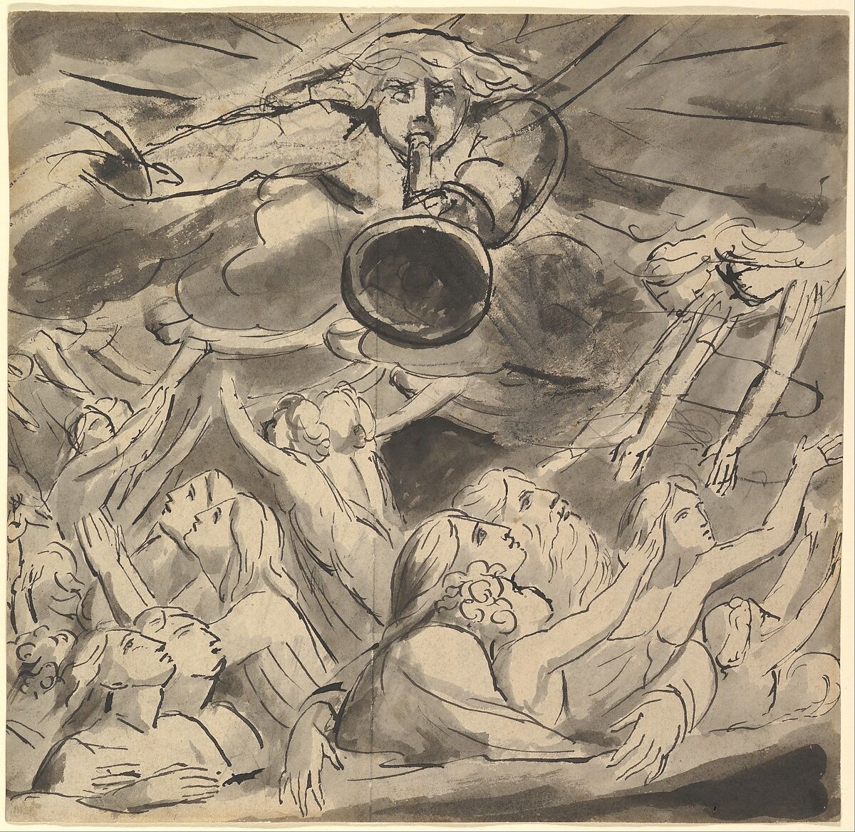 The Last Trumpet (recto); Two studies of a right eye, a profile of an open-mouthed young man, the head of an eagle, and the head of a lion (verso), William Blake (British, London 1757–1827 London), Recto: pen and gummed carbon black ink and layered gray ink washes with graphite underdrawing and reductive techniquesVerso: black chalk 
