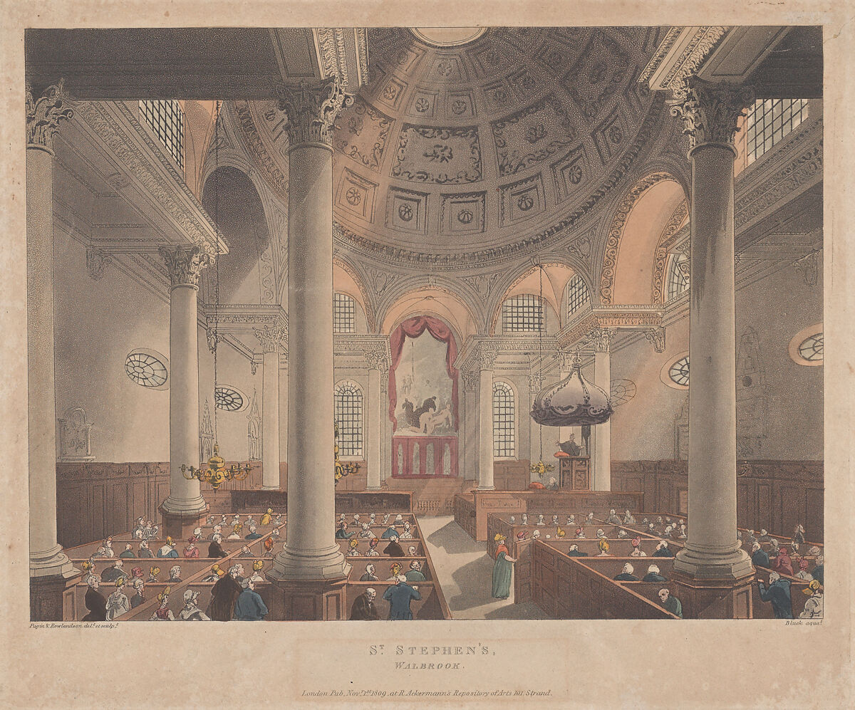 St. Stephen's Walbrook, plate 90 from "Microcosm of London", Designed and etched by Thomas Rowlandson (British, London 1757–1827 London), Hand-colored etching and aquatint