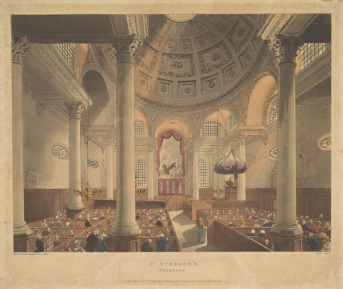 St. Stephen's Walbrook, Designed and etched by Thomas Rowlandson (British, London 1757–1827 London), Hand-colored etching and aquatint 