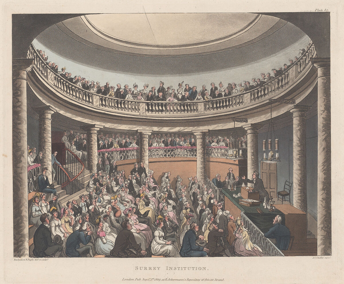 Surrey Institution, plate 81 from "Microcosm of London", Designed and etched by Thomas Rowlandson (British, London 1757–1827 London), Hand-colored etching and aquatint