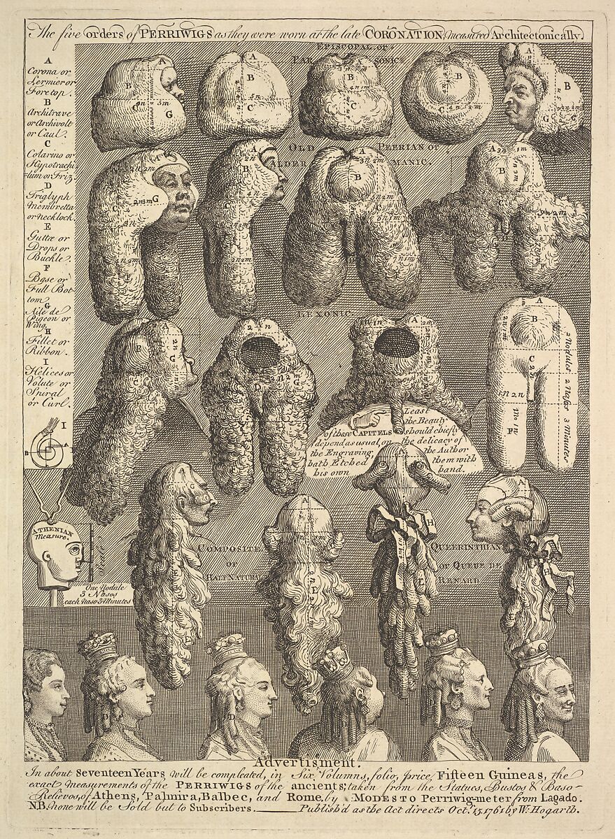 The Five Orders of Periwigs, William Hogarth (British, London 1697–1764 London), Etching; second state of two 