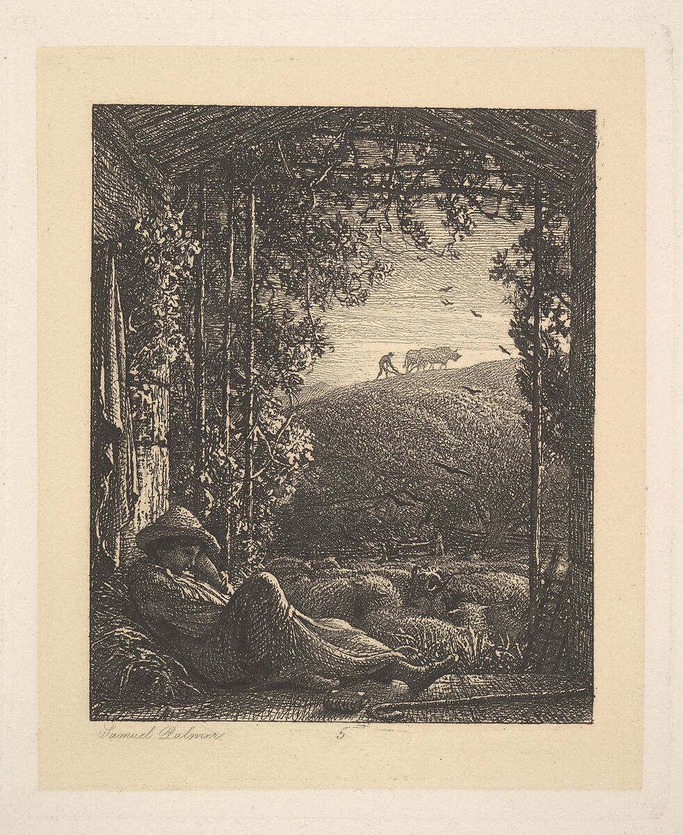 The Sleeping Shepherd, Early Morning, Samuel Palmer (British, London 1805–1881 Redhill, Surrey), Etching on chine collé; fourth state of four 