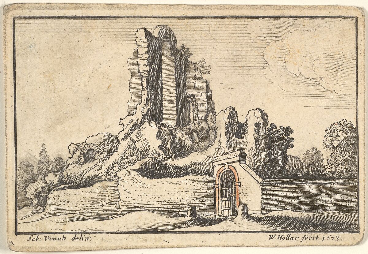 Ruins and a barred gate on the Esquiline Hill in Rome, Wenceslaus Hollar (Bohemian, Prague 1607–1677 London), Etching, first state of three, graphite and red pencil additions, not by Hollar 
