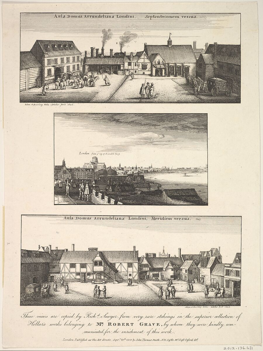 Two Views of Arundel House and London and the Thames as seen from the roof of Arundel House in 1646, Richard Sayer (British, active early 19th century), Etching 