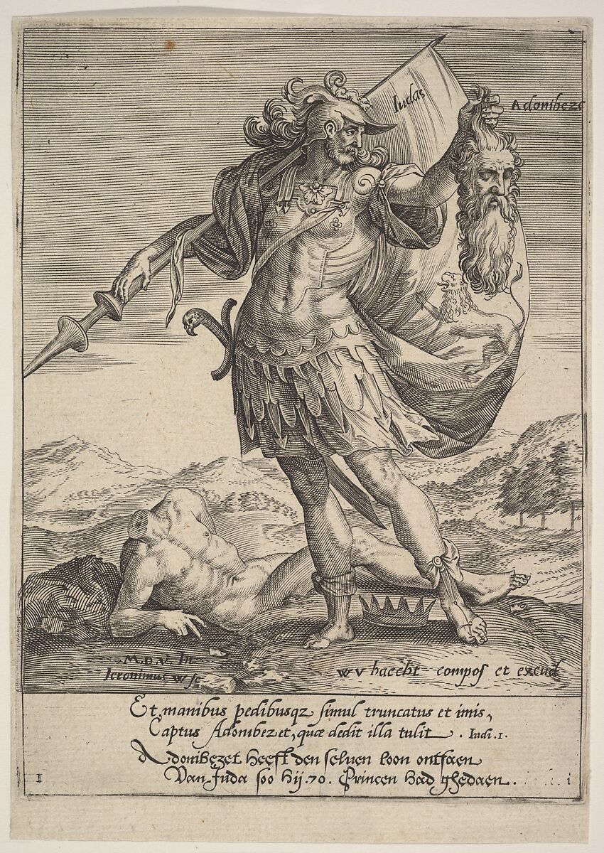 Judah with the Head of Adonibezek, from Willem van Haecht, Tyrannorum proemia, 1578, Hieronymus (Jerome) Wierix (Netherlandish, ca. 1553–1619 Antwerp), Engraving 