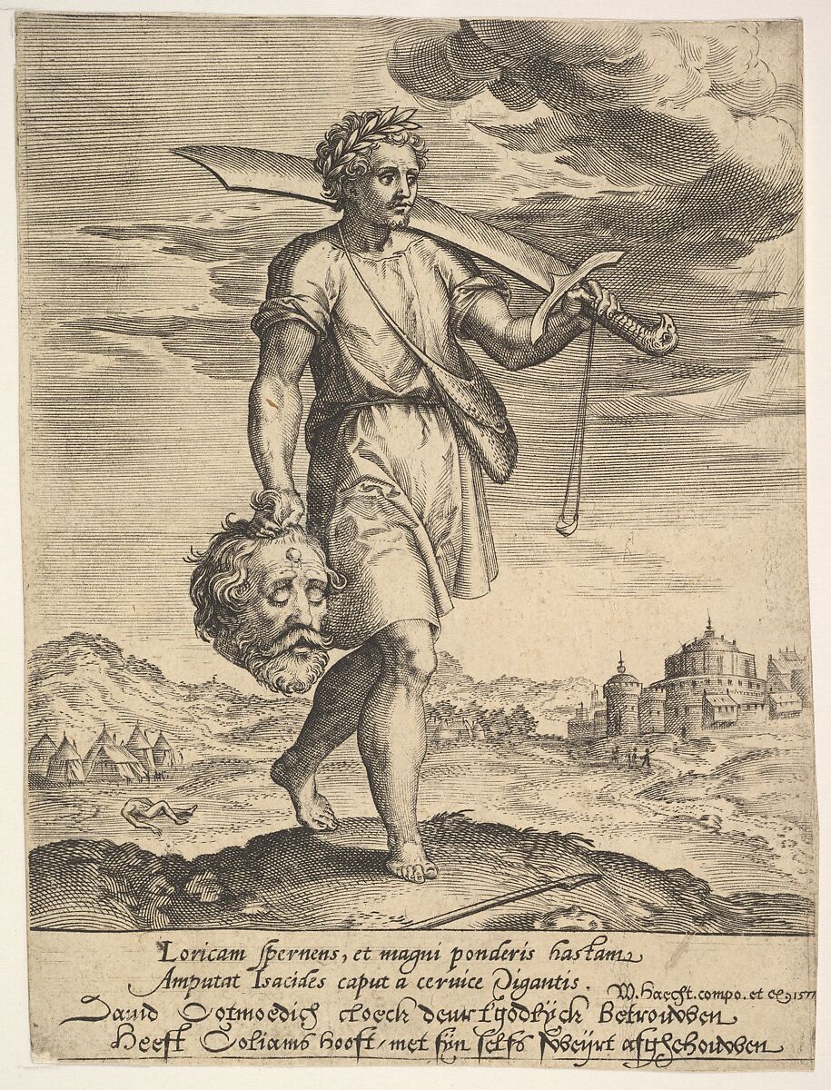 David with the Head of Goliath, Hieronymus (Jerome) Wierix (Netherlandish, ca. 1553–1619 Antwerp), Engraving 