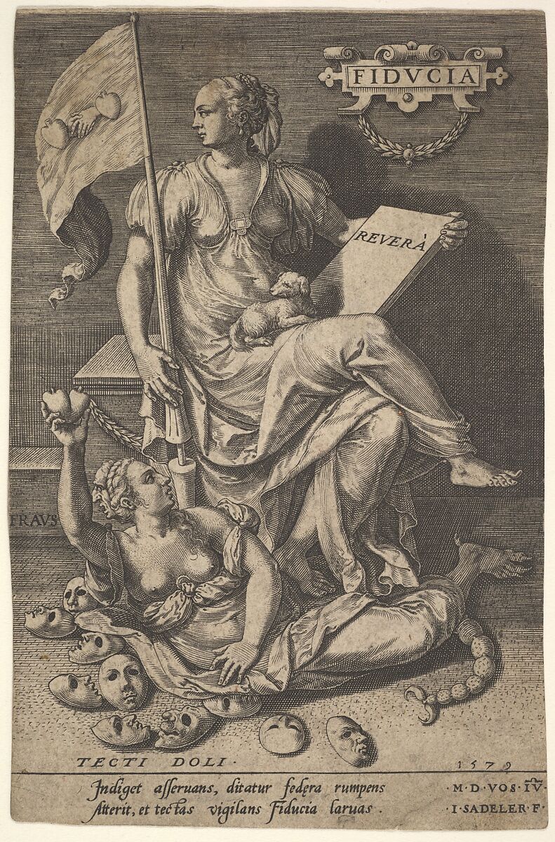 Fiducia, a seated woman holds a book and banner while turning her head away from a bare-breasted woman, who lies at her feet before an assemblage of masks on the ground, from the series 'Virtues conquering vices' after Maerten de Vos, Johann Sadeler I (Netherlandish, Brussels 1550–1600/1601 Venice), Engraving 