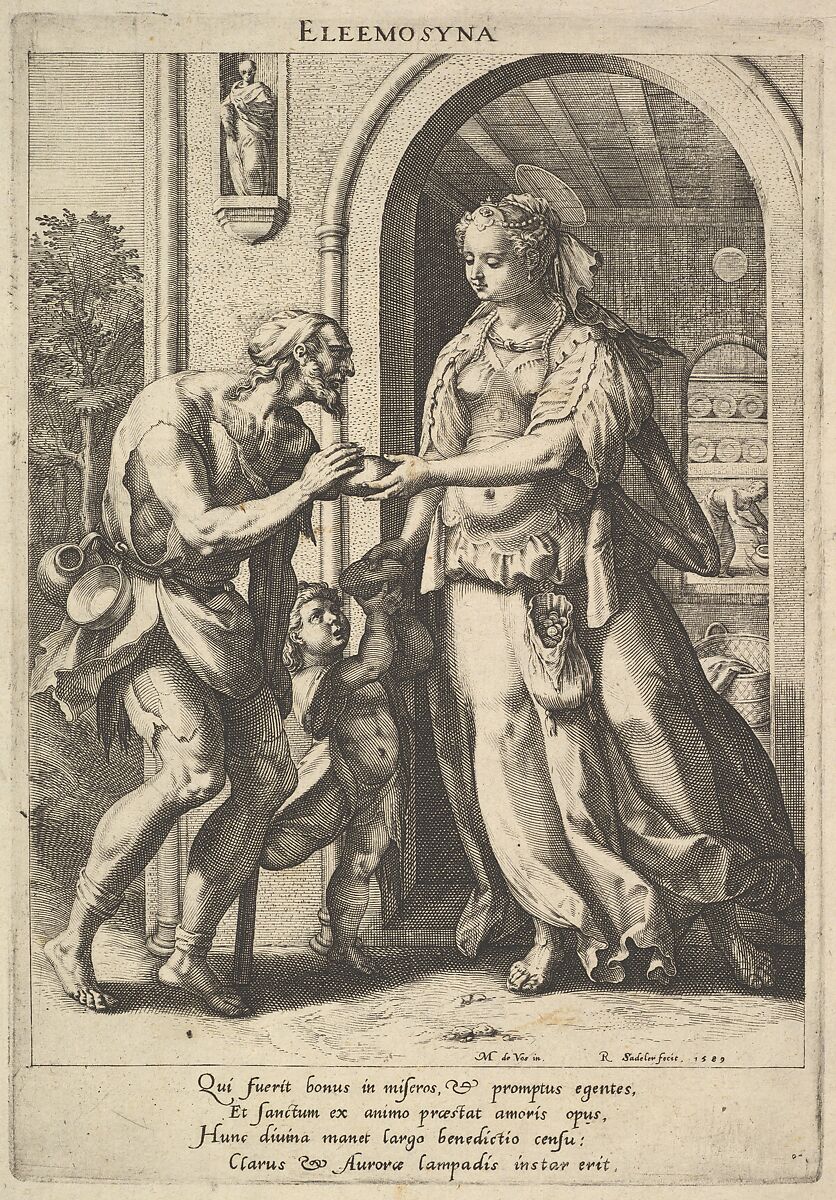 Alms-giving: a woman with pearl headdress and halo hands bread to two male beggars, one bearded and the other a child, a portal showing a maidservant in a domestic interior beyond, from the series 'Christian Virtues' after Maerten de Vos, Raphael Sadeler I (Netherlandish, Antwerp 1560–1628 Venice (?)), Engraving 