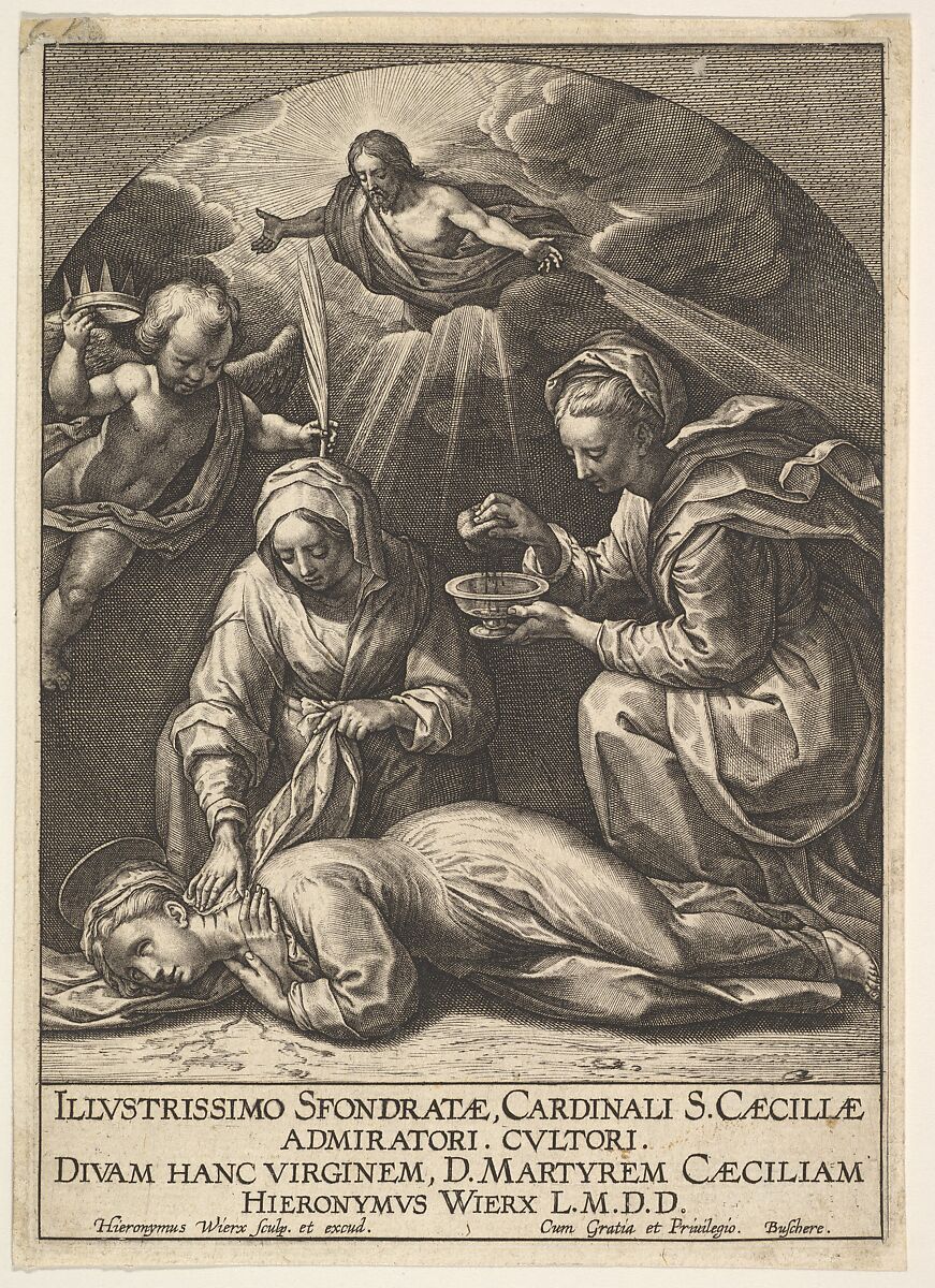 Death of St. Cecilia, Hieronymus (Jerome) Wierix (Netherlandish, ca. 1553–1619 Antwerp), Engraving 