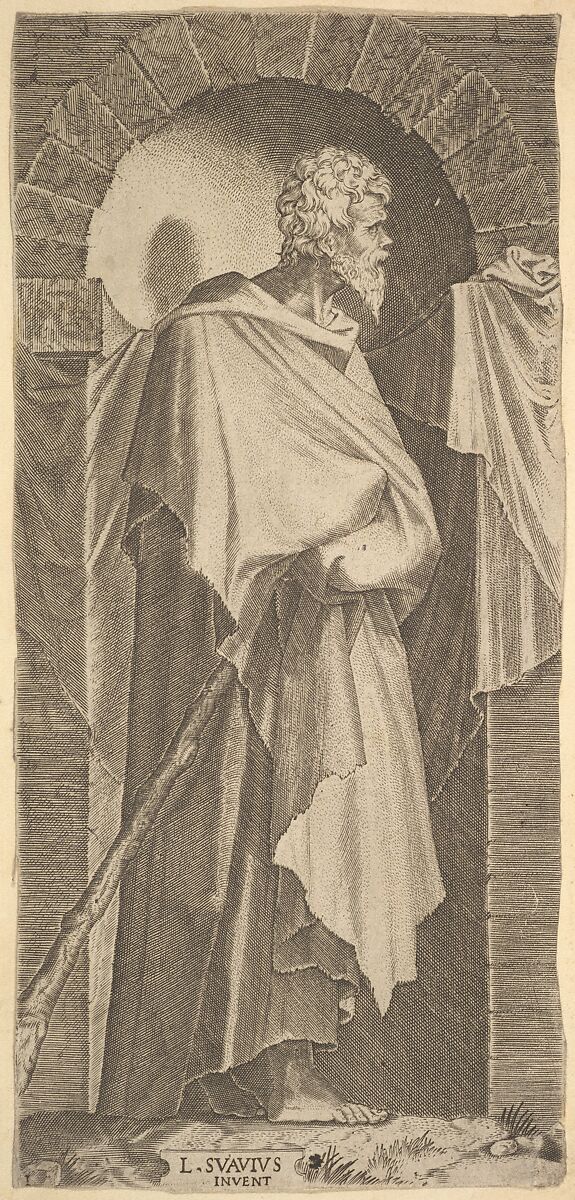 St. James Minor(?) in an arcuated niche, holding a walking stick in his hands, which are covered by his cloak, from "Christ and the Twelve Apostles", Lambert Suavius (Netherlandish, ca. 1510–by 1576), Engraving 