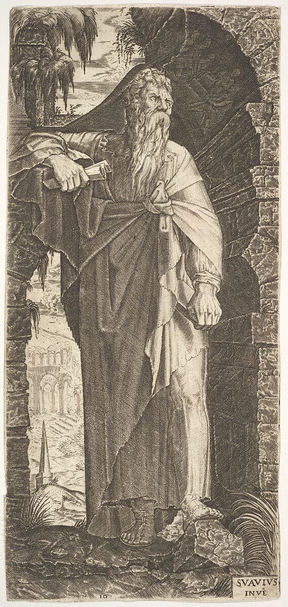 St. Paul standing under an overgrown arch, his left foot poised upon a rock, his right hand grasping a scroll, from "Christ and the Twelve Apostles", Lambert Suavius (Netherlandish, ca. 1510–by 1576), Engraving 