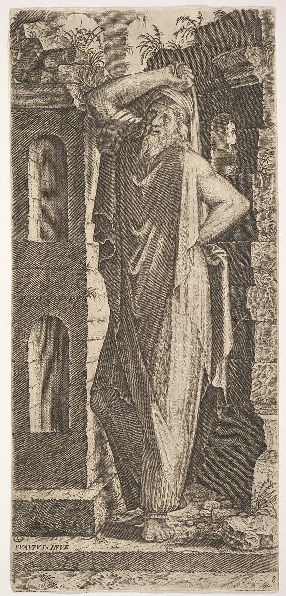 St. Philip(?), standing with his left hand on his hip and his right hand resting on his head, masonry walls to his right and behind him, from "Christ and the Twelve Apostles", Lambert Suavius (Netherlandish, ca. 1510–by 1576), Engraving 