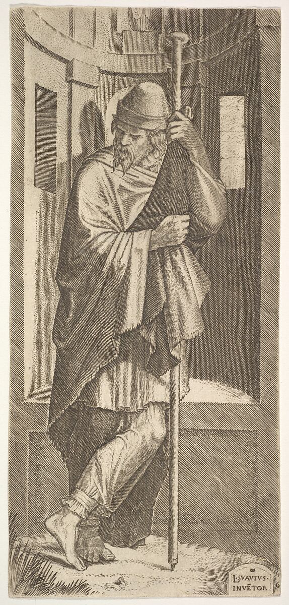 St. James Major leaning on a pole before a niche, his left leg crossed over his right, from "Christ and the Twelve Apostles", Lambert Suavius (Netherlandish, ca. 1510–by 1576), Engraving 
