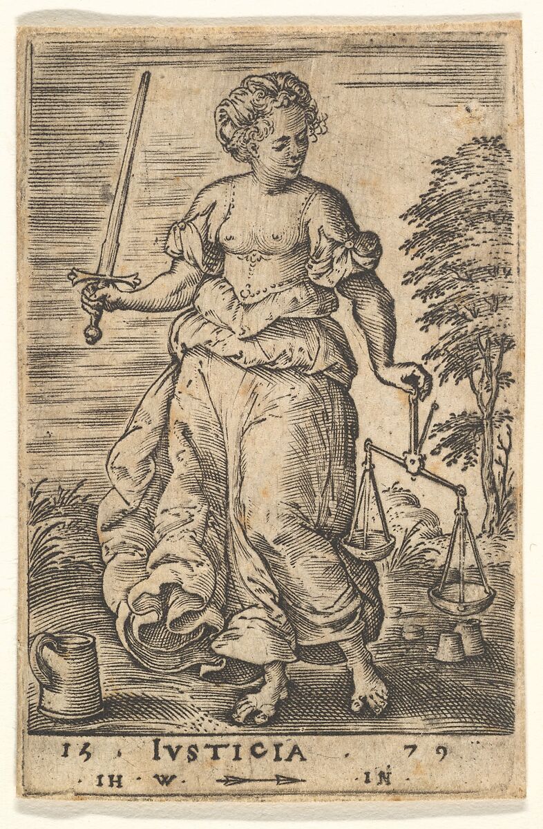 Justice, an allegorical figure holding a balance in her left hand and a sword in her right, from "The Seven Virtues and Knowledge", Jan (Johannes) Wierix (Netherlandish, Antwerp 1549–1615 Brussels), Engraving 