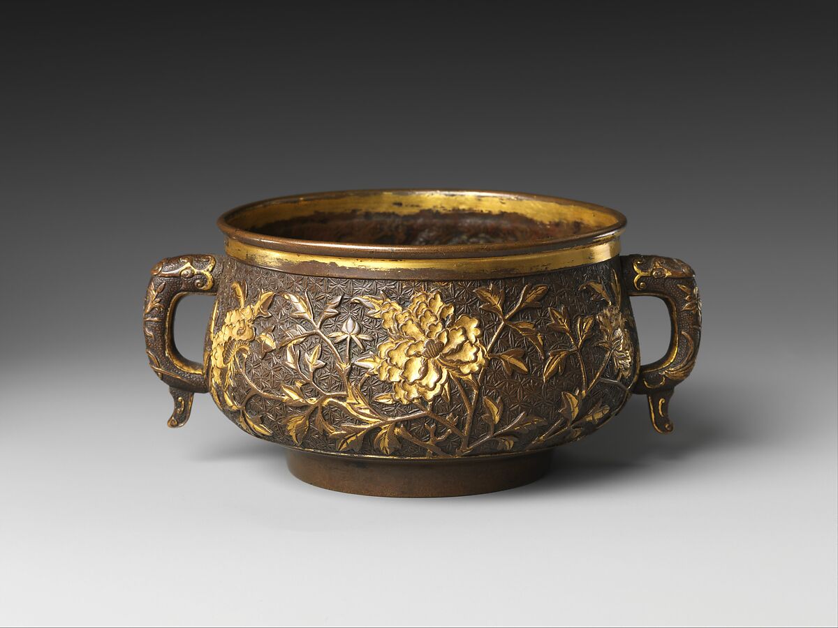 Incense burner, Attributed to Hu Wenming (Chinese, active late 16th–early 17th century), Parcel gilt copper alloy, China 