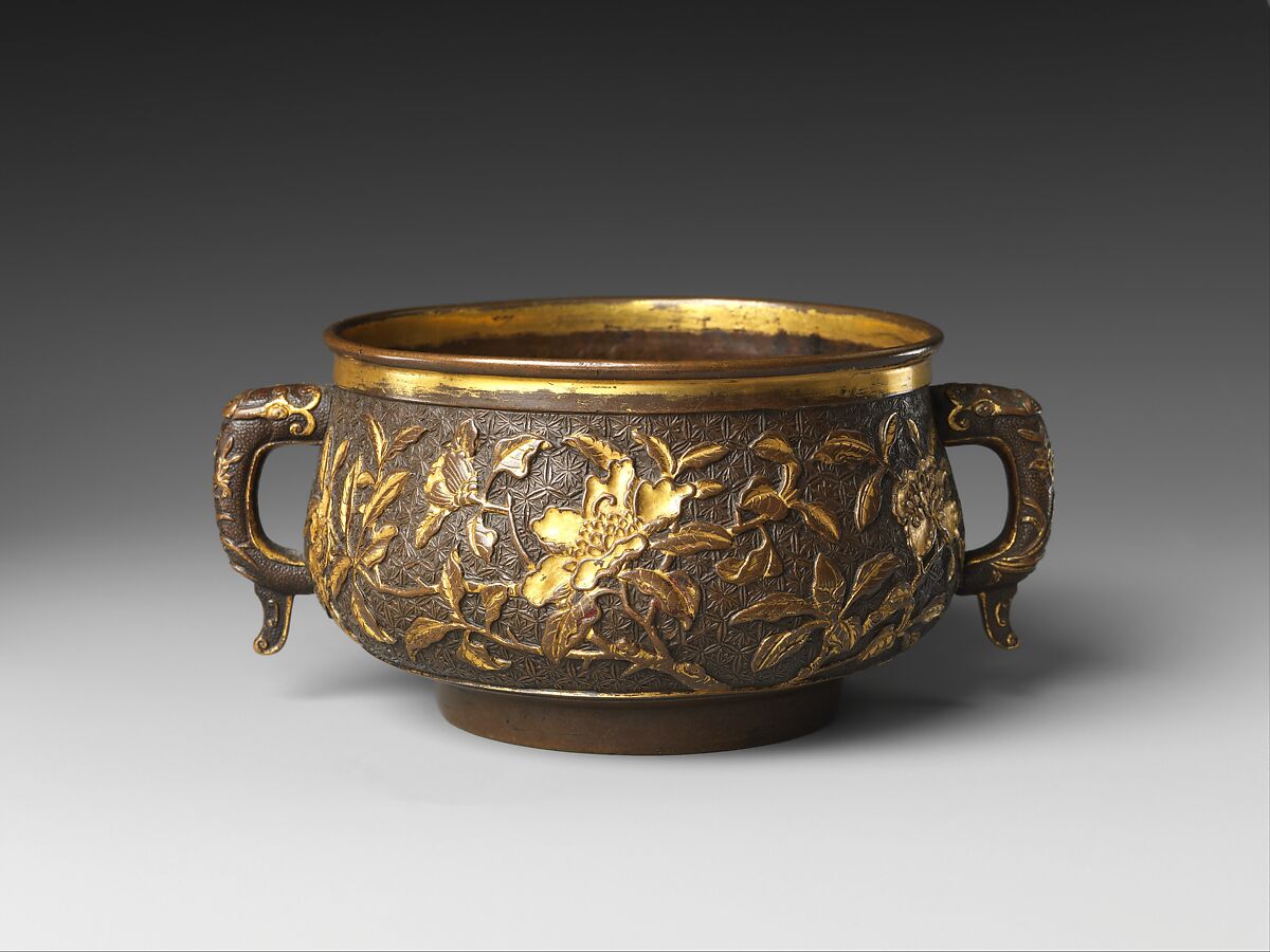 Incense burner, Attributed to Hu Wenming (Chinese, active late 16th–early 17th century), Parcel gilt copper alloy, China