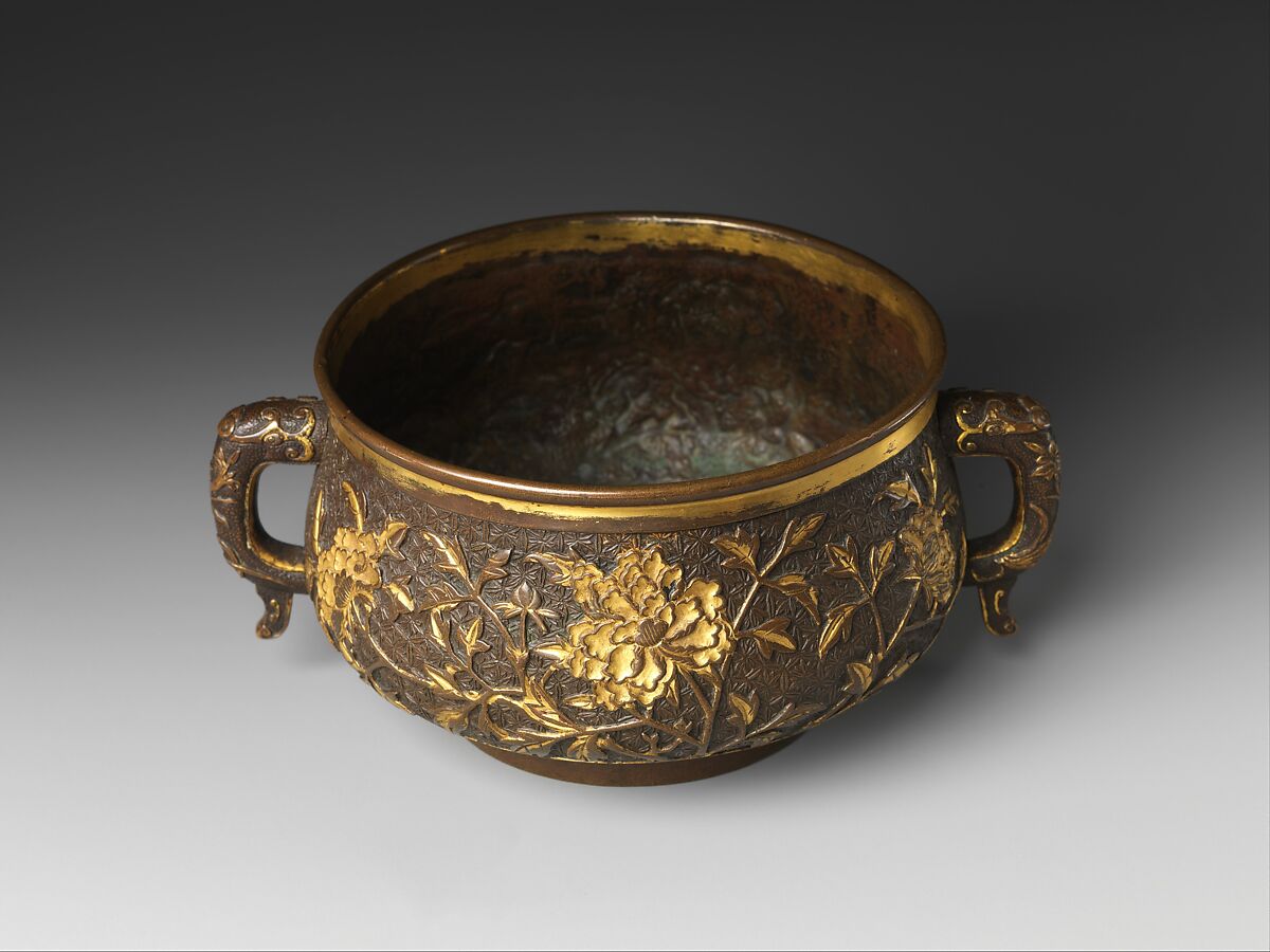 Incense burner, Attributed to Hu Wenming (Chinese, active late 16th–early 17th century), Parcel gilt copper alloy, China