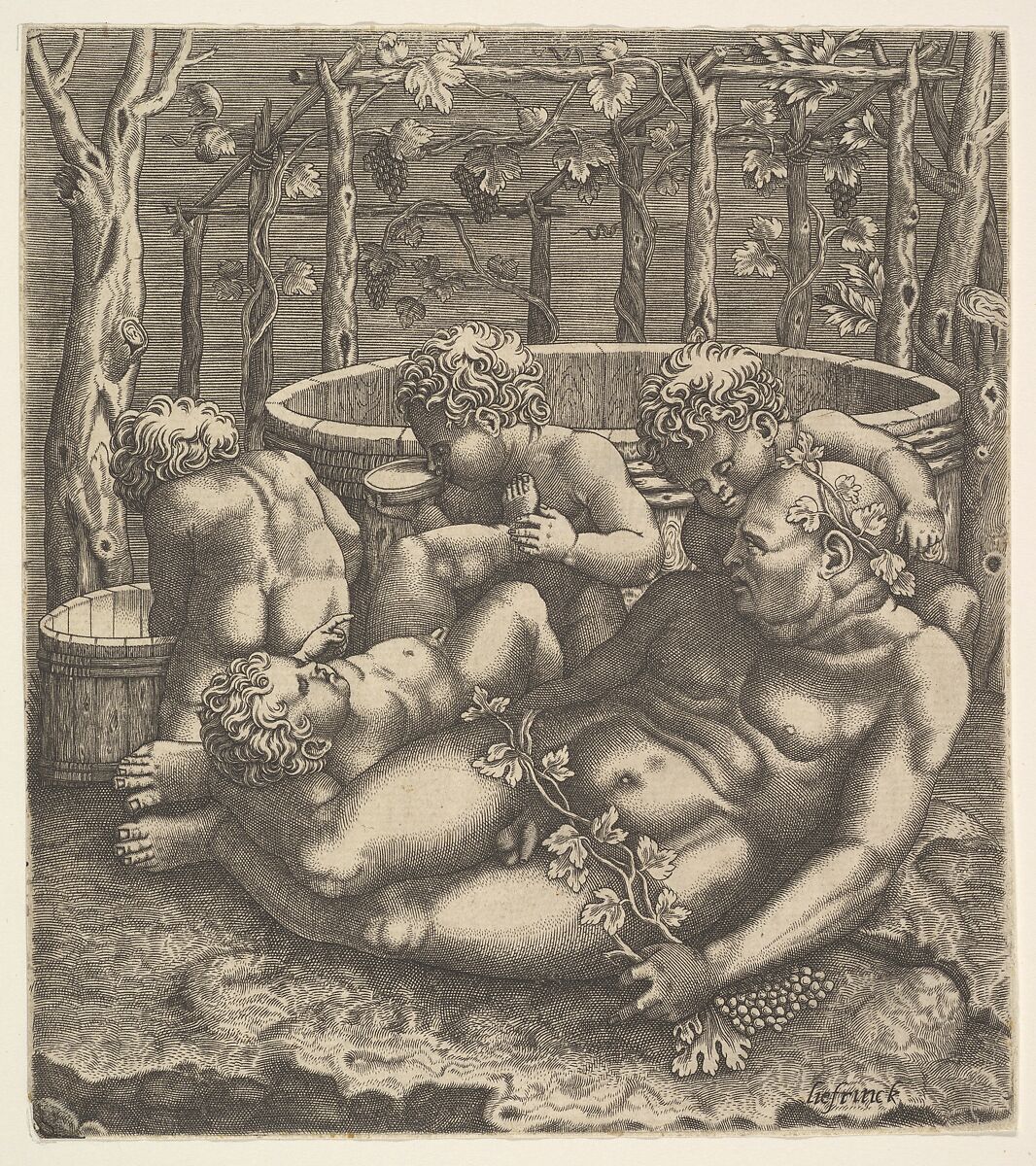 Silenus reclining before wine vats, he grasps a grapevine and is surrounded by four nude children, Attributed to Philippe de Soye (Netherlandish, born 1538, active Rome, 1566–72), Engraving 